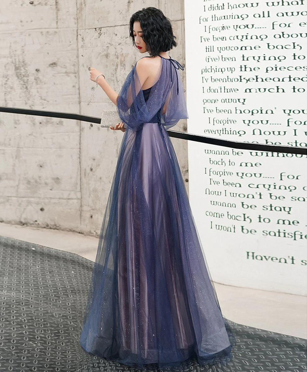 Blue tulle A line sequin long prom dress, blue tulle formal dress C2378 main image 1