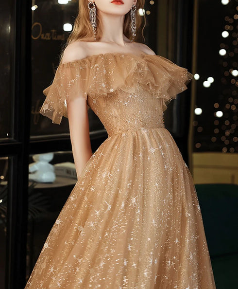 Off Shoulder Champagne Tulle Long Party Dress, A-line Lace-up Evening Gown
