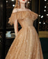Off Shoulder Champagne Tulle Long Party Dress, A-line Lace-up Evening Gown