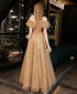 Off Shoulder Champagne Tulle Long Party Dress, A-line Lace-up Evening Gown