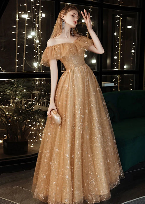 Off Shoulder Champagne Tulle Long Party Dress, A-line Lace-up Evening Gown