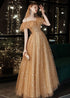 Off Shoulder Champagne Tulle Long Party Dress, A-line Lace-up Evening Gown