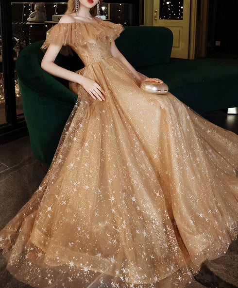 Off Shoulder Champagne Tulle Long Party Dress, A-line Lace-up Evening Gown