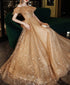 Off Shoulder Champagne Tulle Long Party Dress, A-line Lace-up Evening Gown