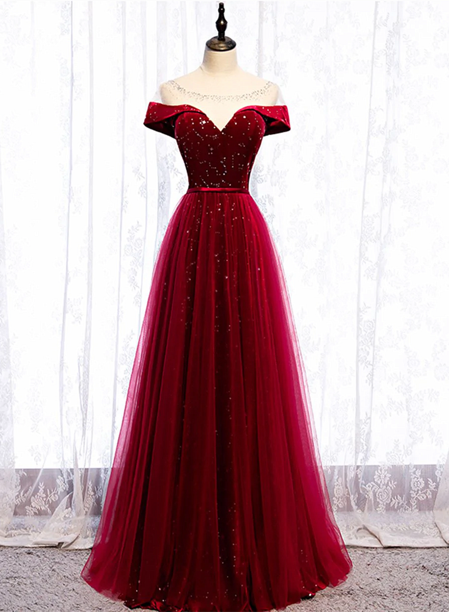 Wine Red Velvet And Tulle Long Prom Dress A line Wine Red Floor Lengt wine-red-velvet-and-tulle-long-prom-dress-a-line-wine-red-floor-lengt