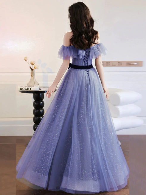 Off Shoulder Sweetheart Tulle Light Purple Formal Dress, A-line Tulle Junior Prom Dresses