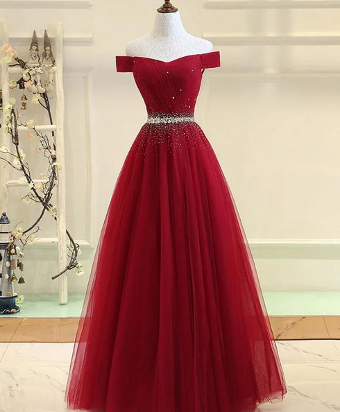Beautiful Off Shoulder Long Formal Dress, Beaded Party Dresses