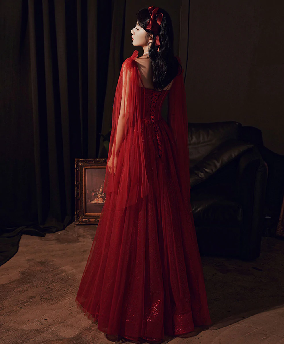 Wine Red Straps A-Line Tulle Long Party Dress Fprmal Evening Dress, DP2933