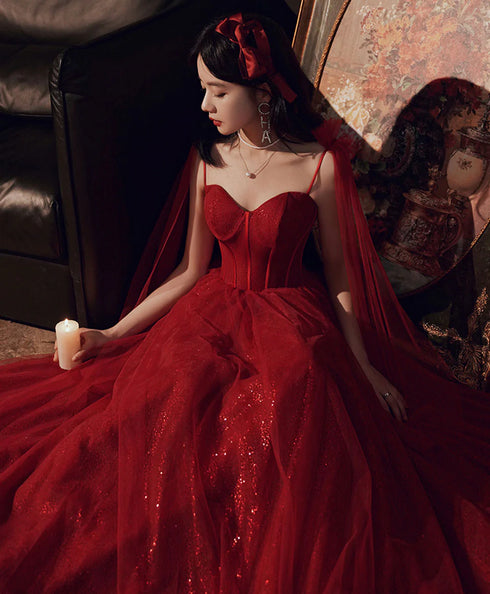 Wine Red Shiny Tulle Straps Long Evening Dress, A-line Tulle Junior Prom Dress