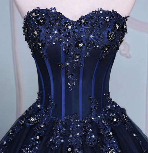 Navy Blue Lace Applique Tulle Long Party Dress, Blue Formal Gown