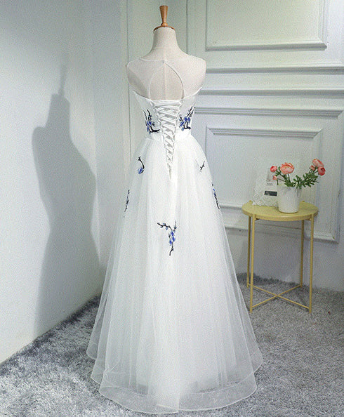 Beautiful White Tulle Long A-line Prom Dress, White Graduation Dress