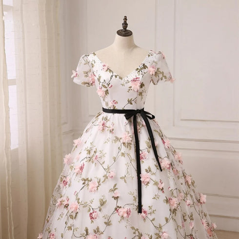 Beautiful Flowers Ball Gown Long Party Dress, Short Sleeves Prom Dress