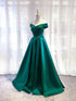 Charming Dark Green Satin Long Junior Prom Dress, Off Shoulder Evening Gown