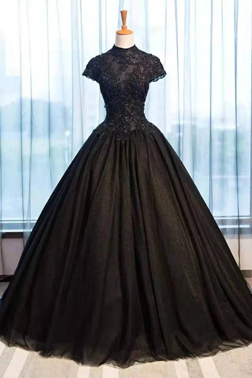 Beautiful Black Cap Sleeves Long Tulle Party Dress, Black Prom Dress