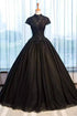 Beautiful Black Cap Sleeves Long Tulle Party Dress, Black Prom Dress