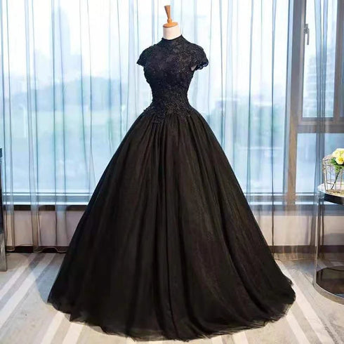 Beautiful Black Cap Sleeves Long Tulle Party Dress, Black Prom Dress