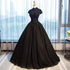 Beautiful Black Cap Sleeves Long Tulle Party Dress, Black Prom Dress