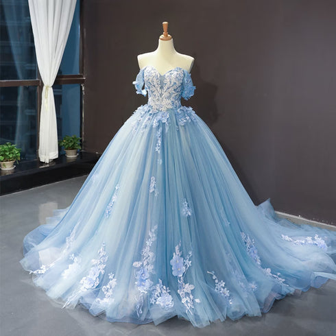 Blue Sweetheart Off Shoulder with Lace Applique Party Dress, Blue Sweet 16 Dress
