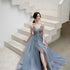 Charming Blue V-neckline Straps Beaded Top Long Party Dress, V Back Prom Dress Evening Dress