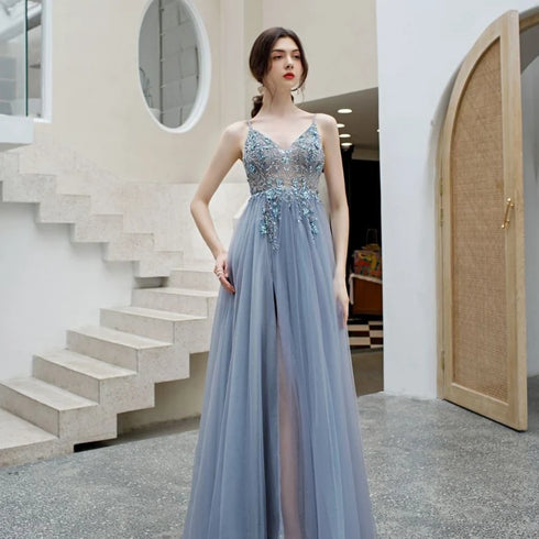 Charming Blue V-neckline Straps Beaded Top Long Party Dress, V Back Prom Dress Evening Dress