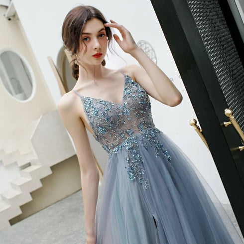 Charming Blue V-neckline Straps Beaded Top Long Party Dress, V Back Prom Dress Evening Dress