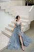 Charming Blue V-neckline Straps Beaded Top Long Party Dress, V Back Prom Dress Evening Dress
