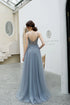 Charming Blue V-neckline Straps Beaded Top Long Party Dress, V Back Prom Dress Evening Dress