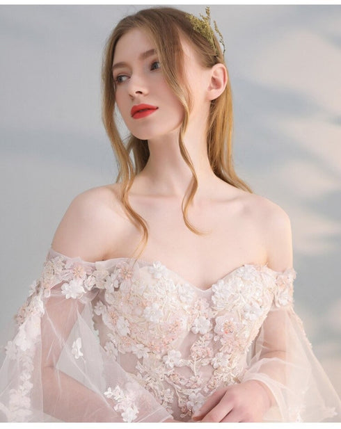 Charming Flowers Lace Off Shoulder Ball Gown Wedding Party Dress, Tulle Long Prom Dress