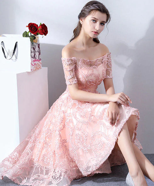 Pink High Low Lace Off Shoulder Soop Party Dresses, Pink New Homecoming Dresses