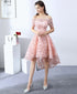 Pink High Low Lace Off Shoulder Soop Party Dresses, Pink New Homecoming Dresses