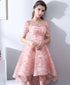 Pink High Low Lace Off Shoulder Soop Party Dresses, Pink New Homecoming Dresses