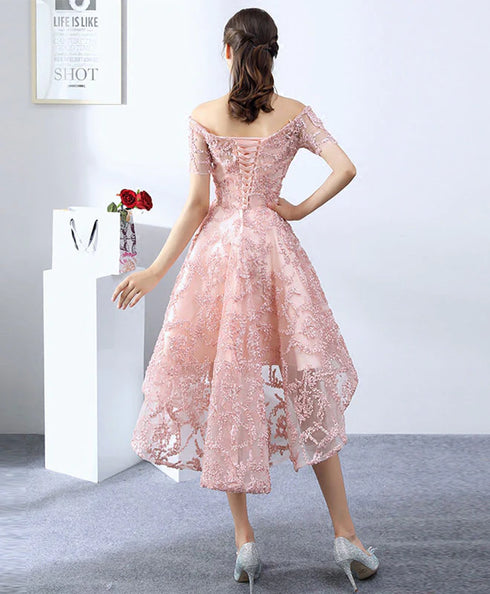 Pink High Low Lace Off Shoulder Soop Party Dresses, Pink New Homecoming Dresses