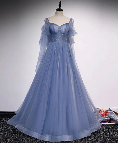 Beautiful Blue Tulle Beaded Long Formal Dress Party Dresses, A-line Wedding Party Dresses