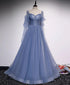 Beautiful Blue Tulle Beaded Long Formal Dress Party Dresses, A-line Wedding Party Dresses