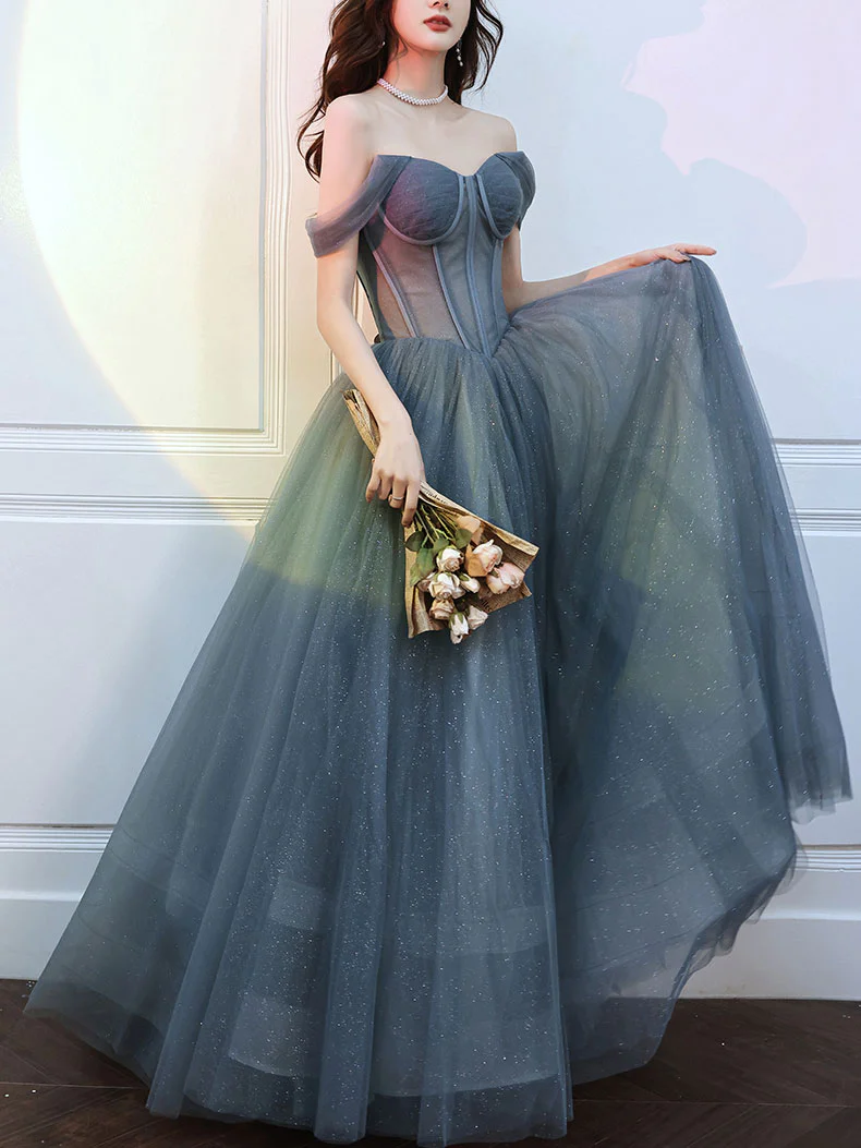 Grey Tulle Long Off Shoulder Party Dress 2021, Tulle with Lace Floor Length Party Dress