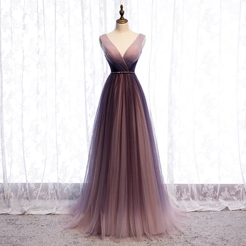 Beautiful Gradient V-neckline Tulle Long Prom Dress Party Dress, Gradient Evening Gown