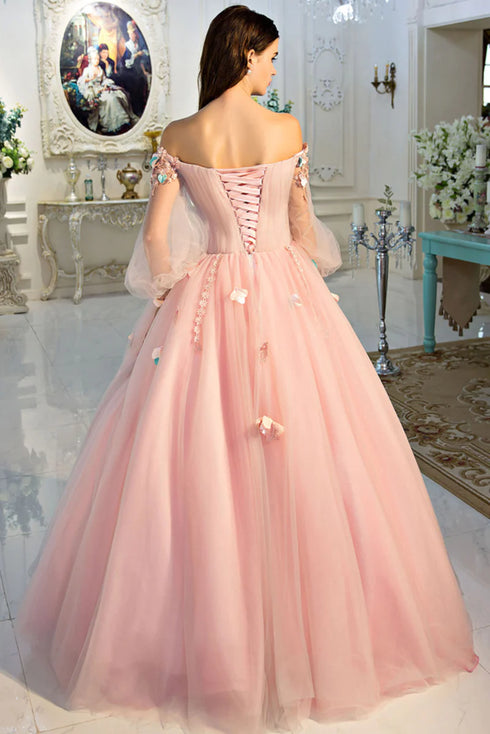 Lovely Puffy Sleeves Pink Off Shoulder Long Sweet 16 Dress, Pink Quinceanera Dress