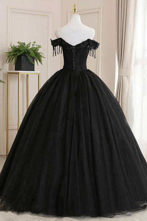 Black Off Shoulder Sweet 16 Formal Dress with Lace, Black Long Prom Dress