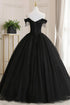 Black Off Shoulder Sweet 16 Formal Dress with Lace, Black Long Prom Dress