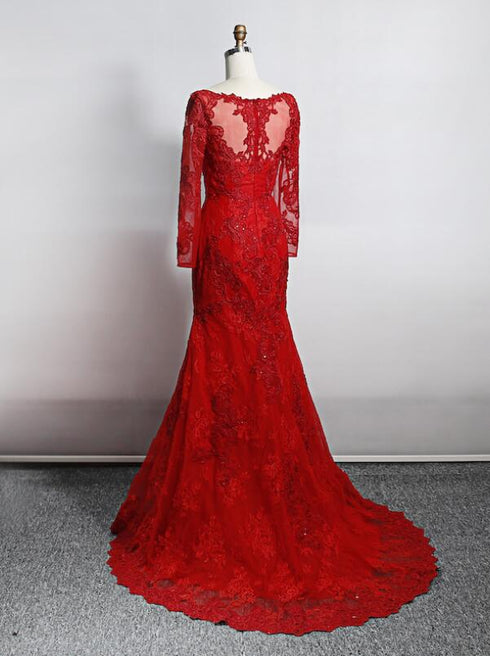 Red Lace Mermaid Long Sleeves Beautiful Evening Gown, Red Lace Wedding Party Dress