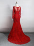 Red Lace Mermaid Long Sleeves Beautiful Evening Gown, Red Lace Wedding Party Dress