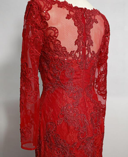 Red Lace Mermaid Long Sleeves Beautiful Evening Gown, Red Lace Wedding Party Dress