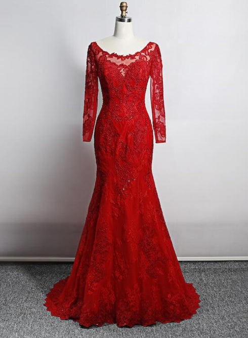 Red Lace Mermaid Long Sleeves Beautiful Evening Gown, Red Lace Wedding Party Dress