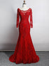 Red Lace Mermaid Long Sleeves Beautiful Evening Gown, Red Lace Wedding Party Dress