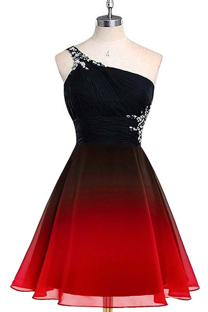 Red and Black One Shoulder Chiffon Beaded Homecoming Dress, Gradient Short Prom Dress US size 16W / Red and Black