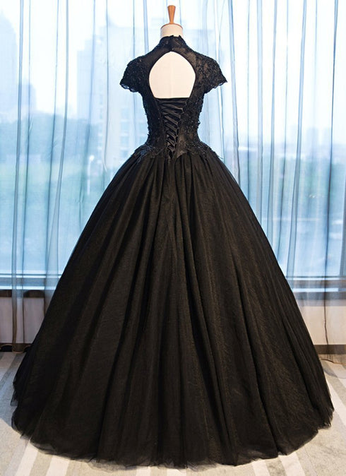 Beautiful Black Cap Sleeves Long Tulle Party Dress, Black Prom Dress