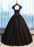 Beautiful Black Cap Sleeves Long Tulle Party Dress, Black Prom Dress