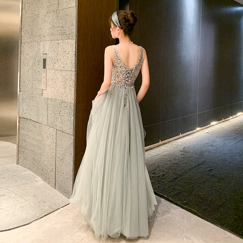 Shiny Beaded V Back Tulle Long Prom Dress , Charming Tulle Party Dresses