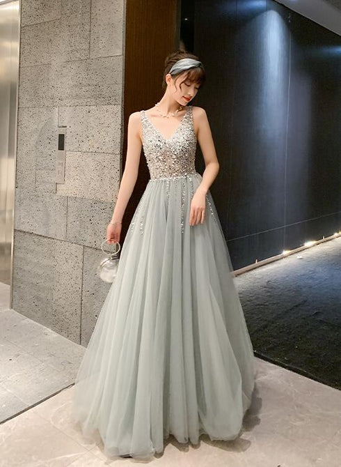 Shiny Beaded V Back Tulle Long Prom Dress , Charming Tulle Party Dresses