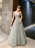 Shiny Beaded V Back Tulle Long Prom Dress , Charming Tulle Party Dresses